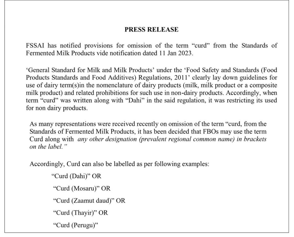 FSSAI revises order on curd labelling, allows use of regional names - Dairy News 7X7
